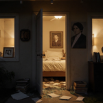 Door opens to reveal master bedroom chaos with golden light and scattered books and family photos on walls Los Angeles home