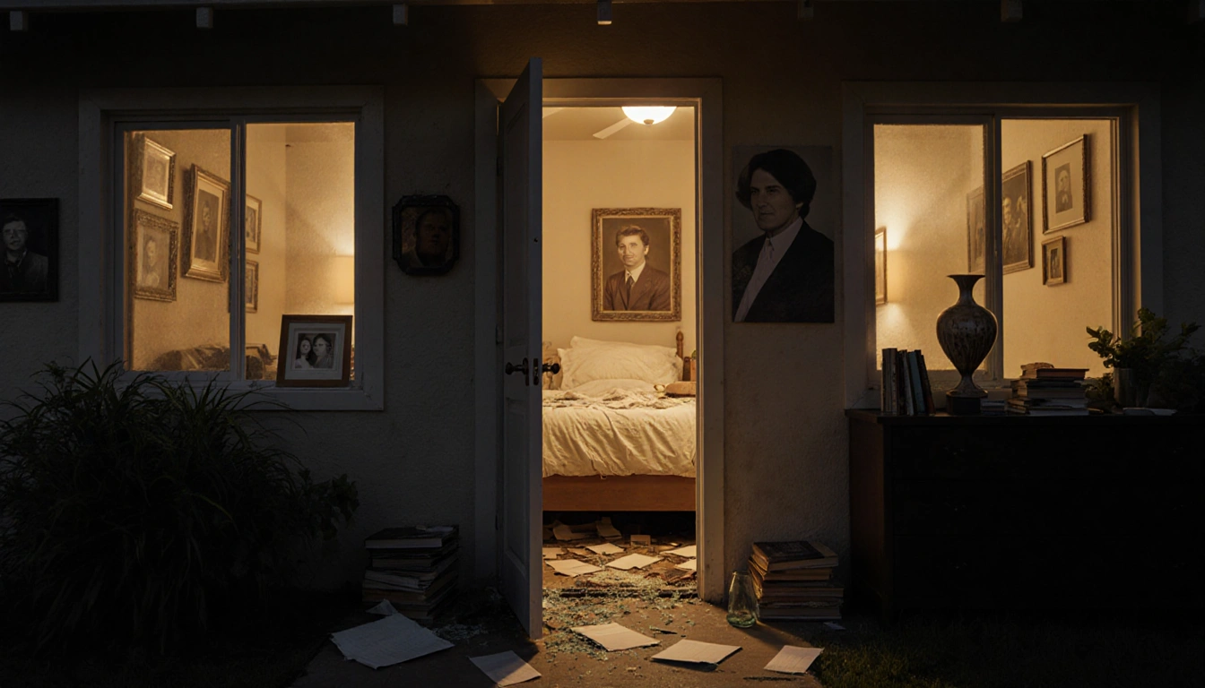 Door opens to reveal master bedroom chaos with golden light and scattered books and family photos on walls Los Angeles home