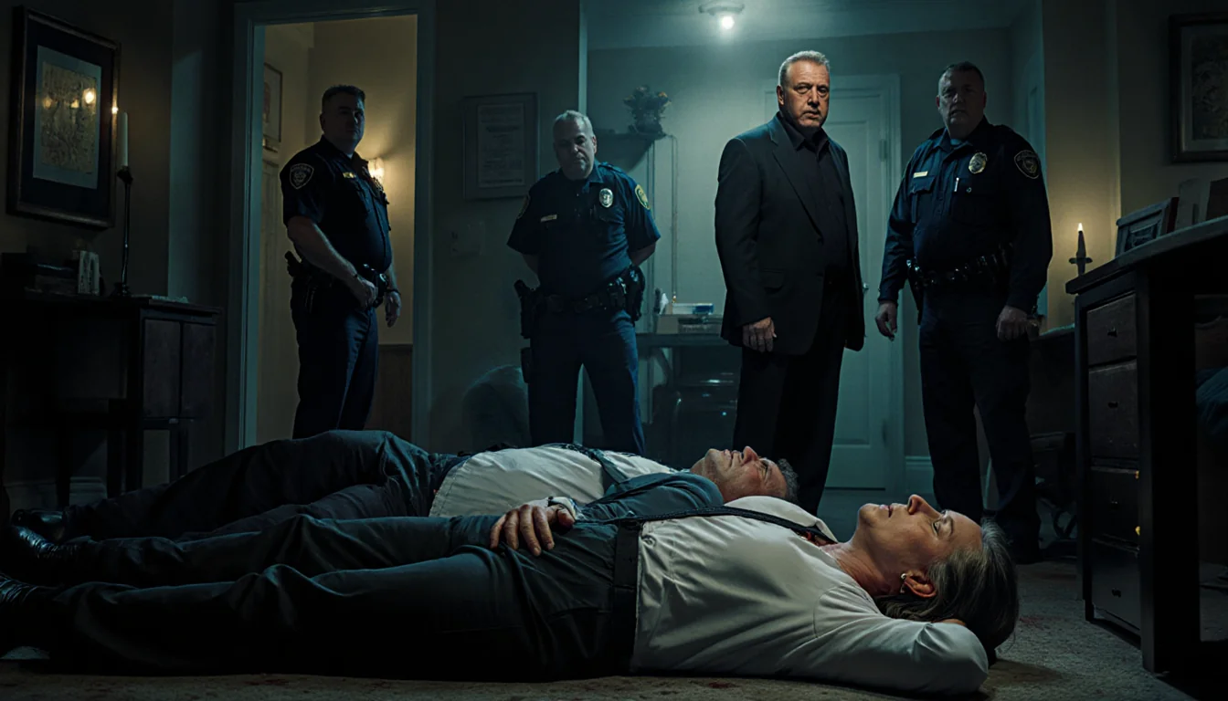 Nick Reiner stands in a dim Los Angeles living room with two bodies on the floor with stab wounds and police officers nearby