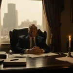 Robert Lovell leans back in chair with cluttered desk and flickering candle in dim office