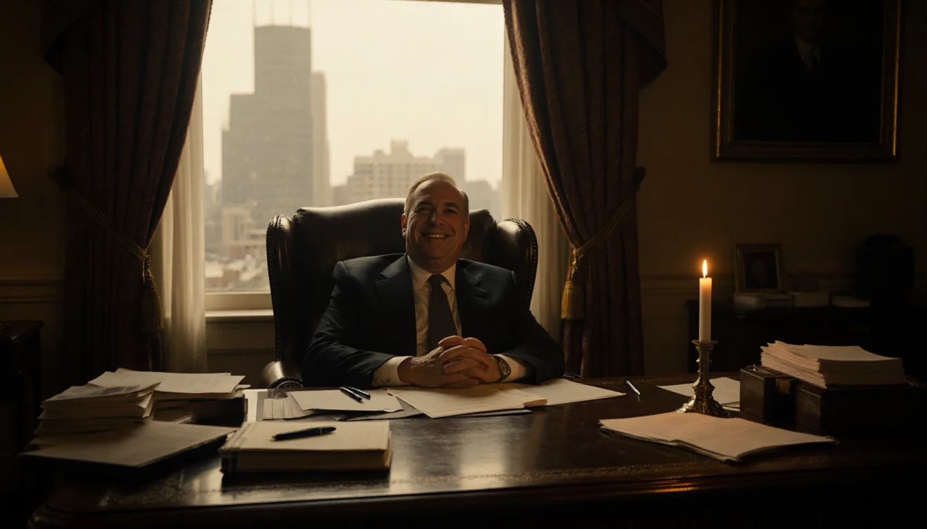 Robert Lovell leans back in chair with cluttered desk and flickering candle in dim office