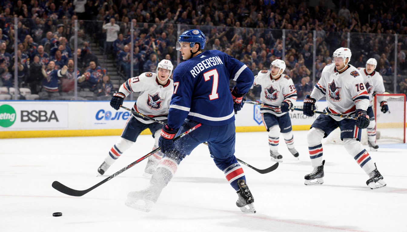 Robertson scores backhand hockey goal past Mrazek with number 7 jersey and mid-air stick amid cheering teammates.