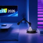 Robot vacuum gliding up a staircase with arm sweeping and a smart home display counting down to CES 2026