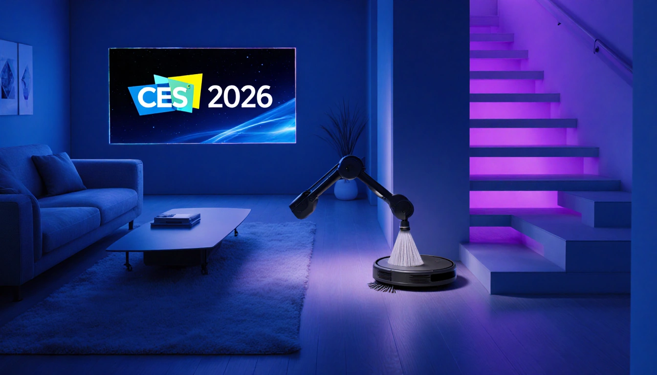Robot vacuum gliding up a staircase with arm sweeping and a smart home display counting down to CES 2026