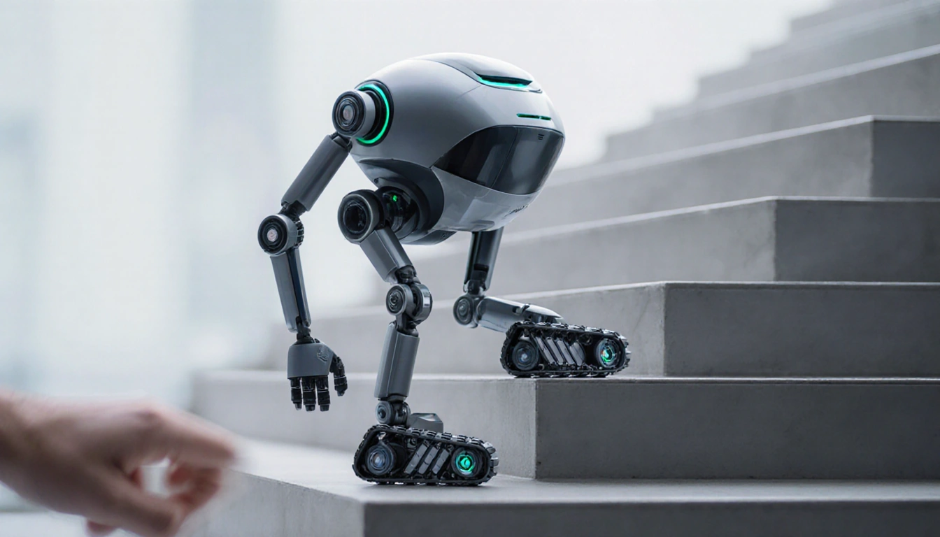 Robot vacuum climbing a stair step with sensor cameras on arms and blurred stairs ahead