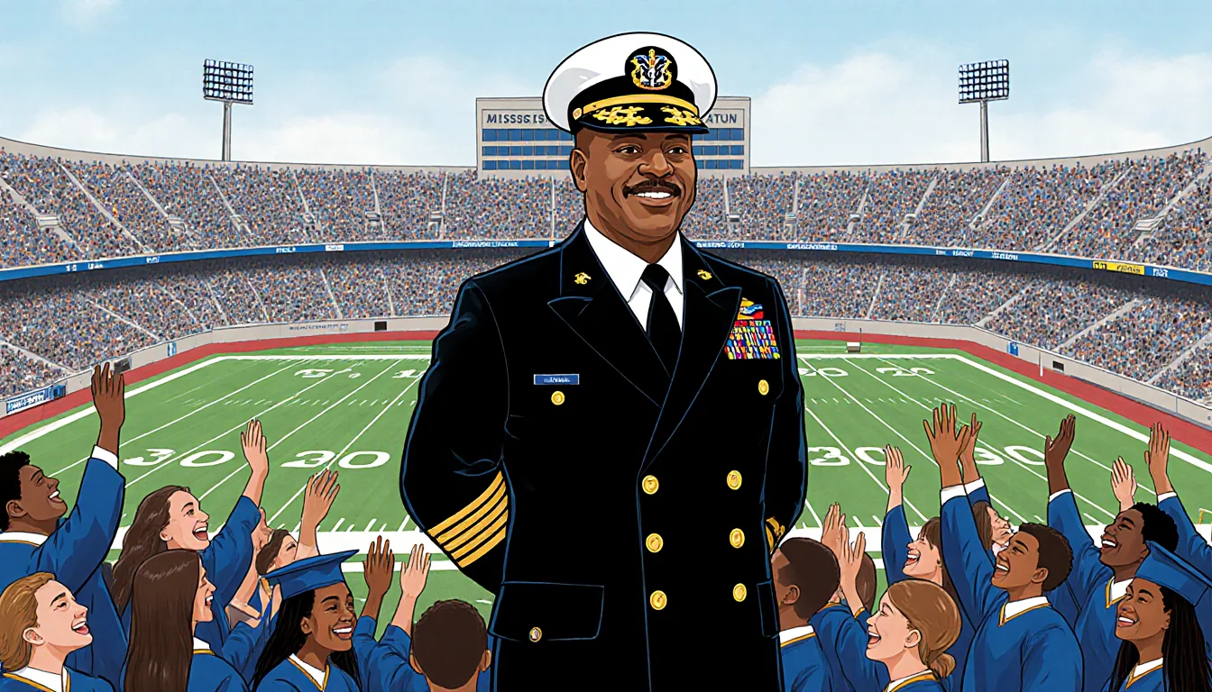 Rod Paige stands proudly at Jackson State Stadium with a diverse crowd and Navy insignia highlighting military service