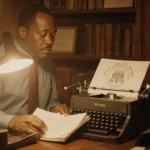 Rod Paige sits at a wooden desk with a typewriter and a stack of No Child Left Behind papers under a desk lamp.