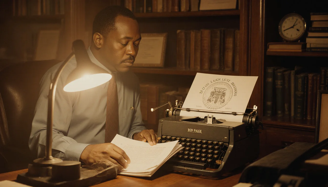 Rod Paige sits at a wooden desk with a typewriter and a stack of No Child Left Behind papers under a desk lamp.