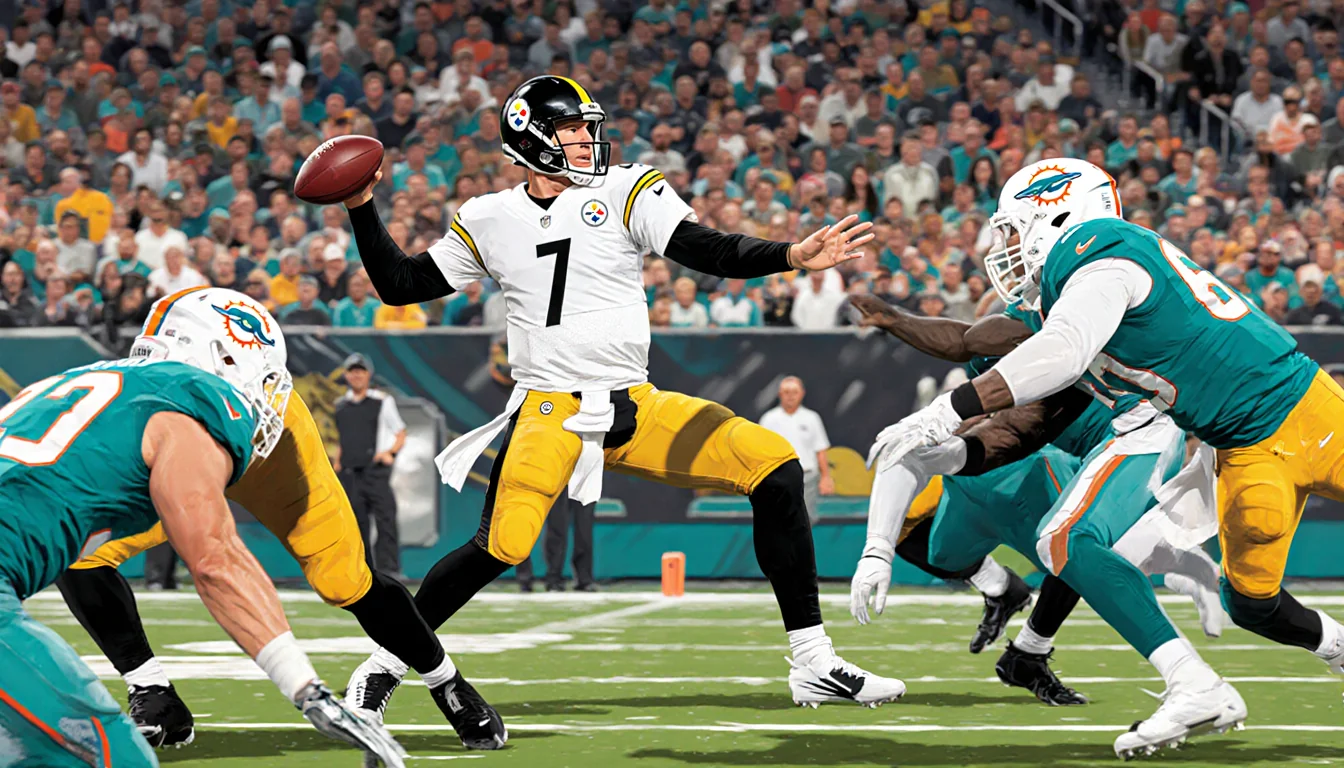 Ben Roethlisberger behind center throws a quick pass with Steelers and Dolphins defense stumbling