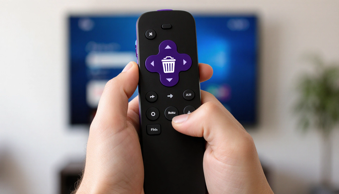 Hands holding empty Roku remote with small trash can icon and Roku logo and blurred TV background.