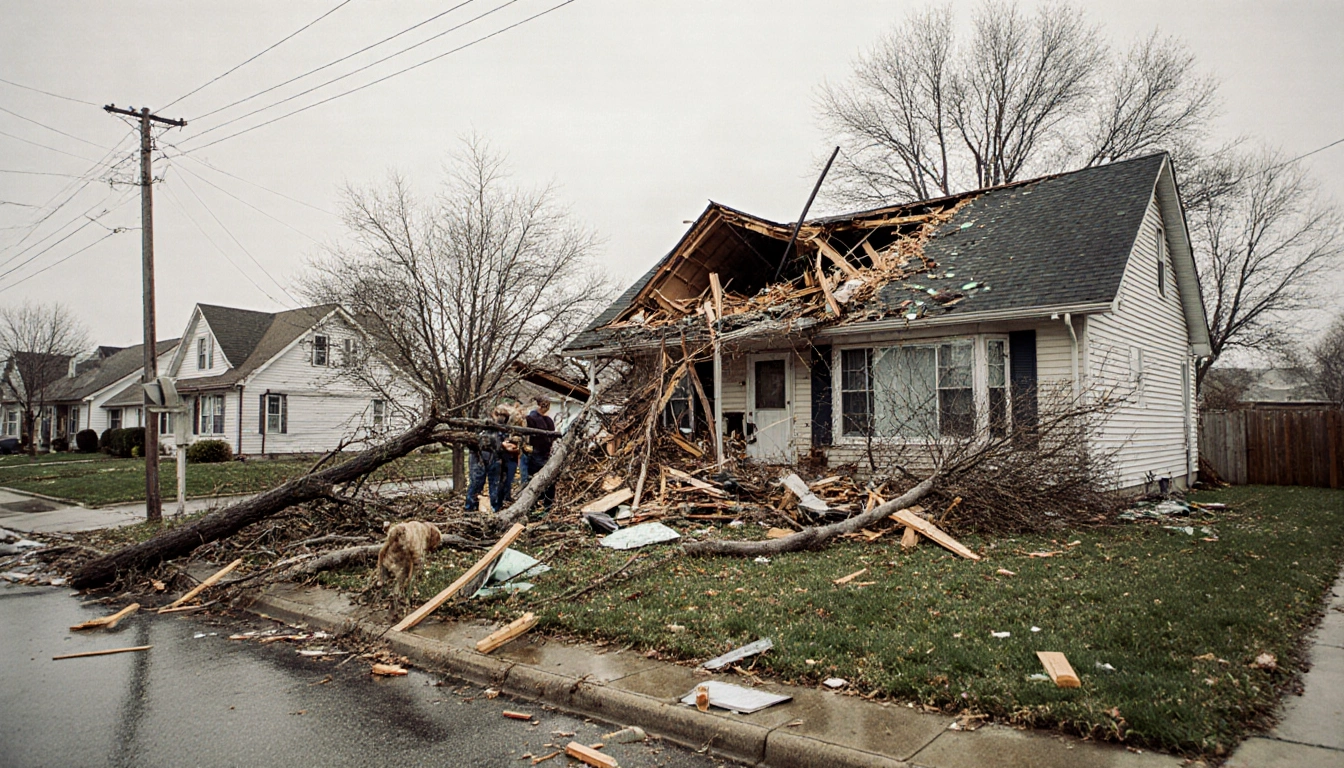 Roof ripped off on suburban street with twisted metal debris and concerned people and pets watching