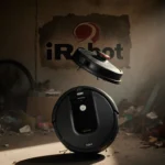 Roomba spinning lazily in a dim garage with faded iRobot logo and long shadows.