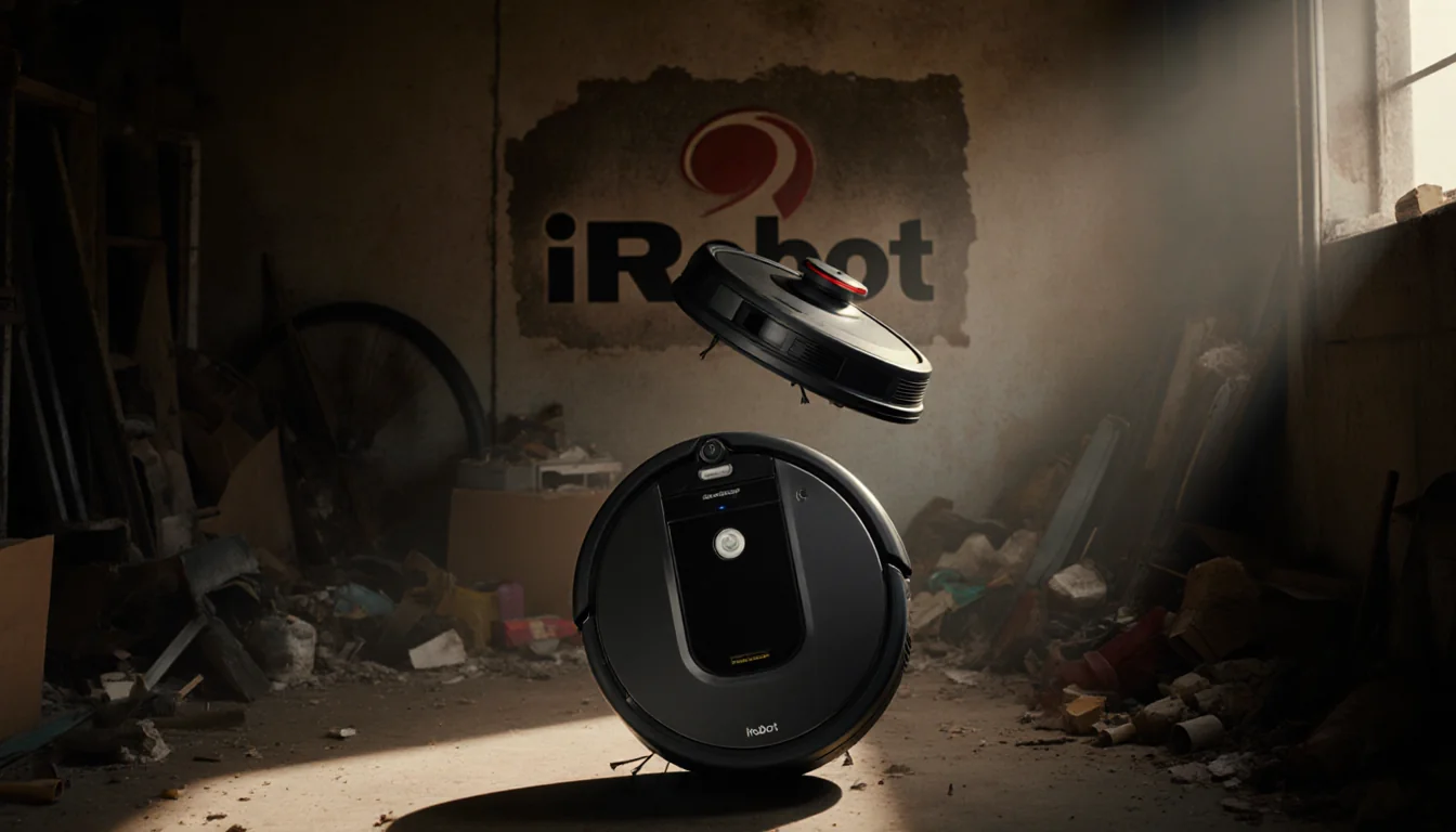 Roomba spinning lazily in a dim garage with faded iRobot logo and long shadows.