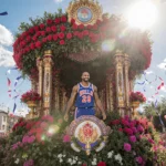 Magic Johnson standing at the front of a rose float with bright blue sky and cheering crowds.