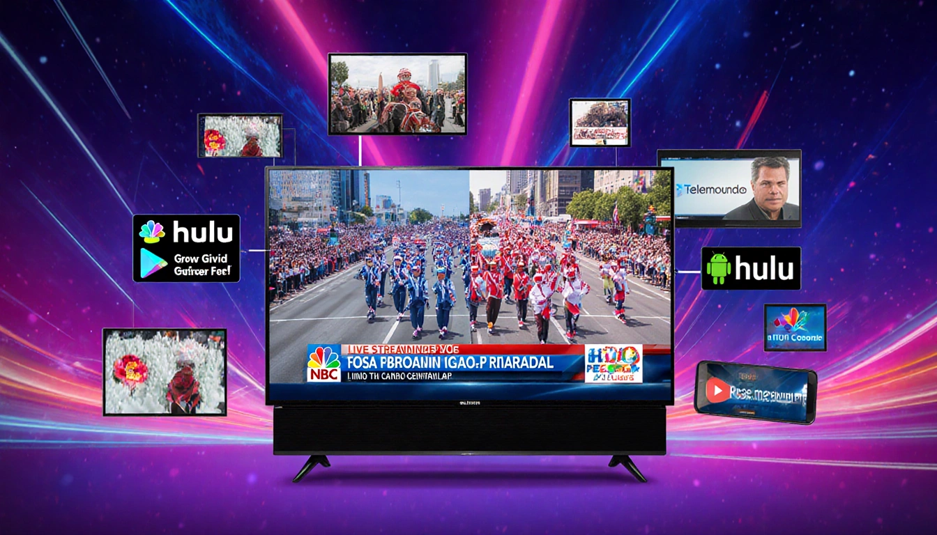 TV screen showing the Rose Parade with split-screen English and Spanish broadcasts and streaming icons.