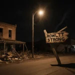 Streetlamp glowing with long shadows over Rowlett downtown ruins showing Rowlett Strong sign and scattered debris