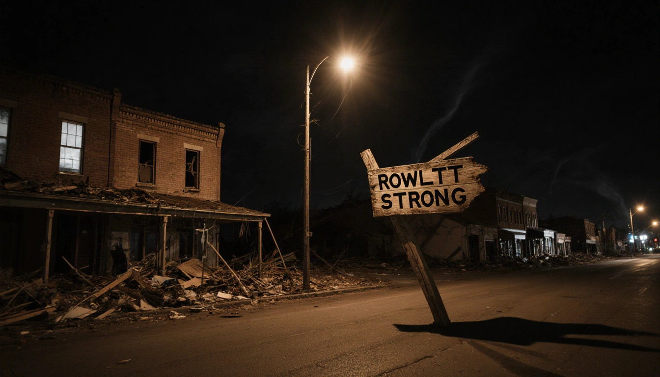 Streetlamp glowing with long shadows over Rowlett downtown ruins showing Rowlett Strong sign and scattered debris