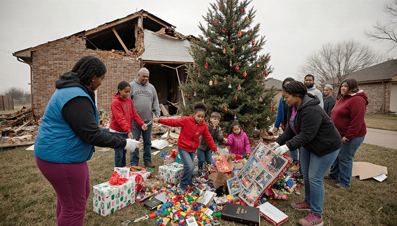 Volunteers holding hands gather near a partially damaged home and pick up personal items and toys during Rowlett tornado reli