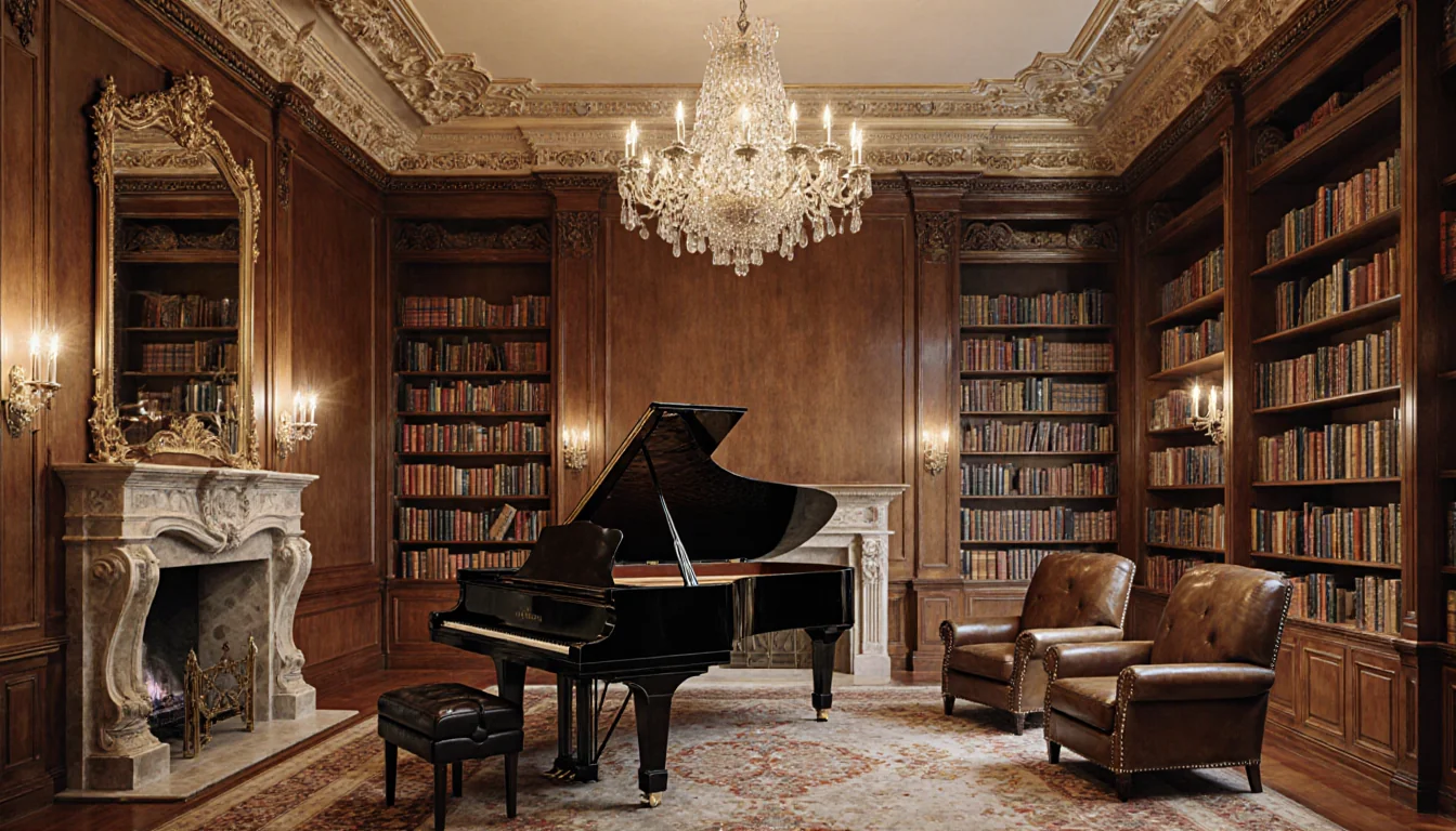 Grand piano stands center with plush leather armchairs and stone fireplace in a luxurious library