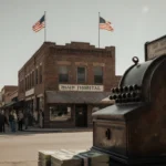 People gather around a cash register with a large stack of bills and American flags above a worn brick building