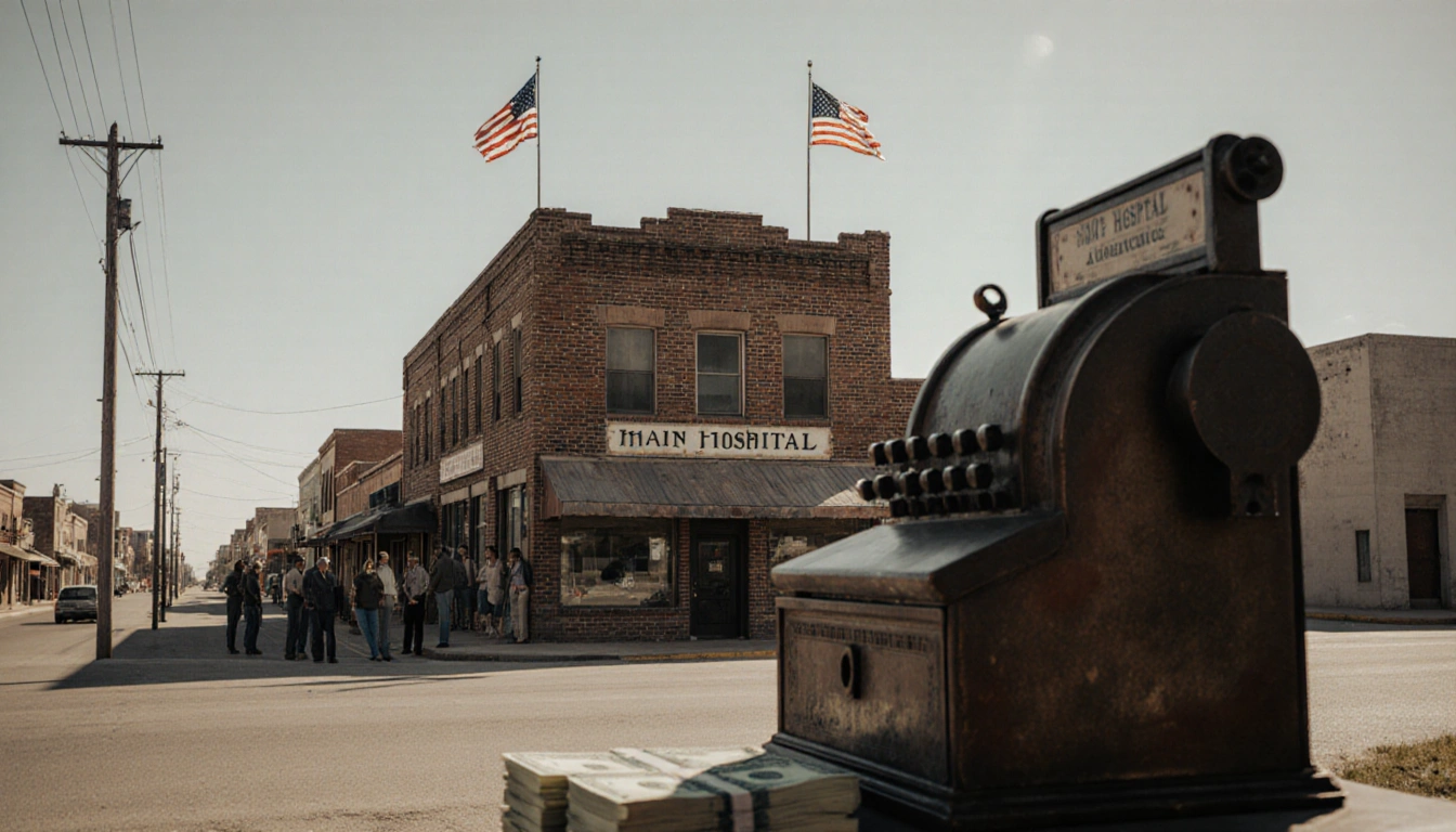 People gather around a cash register with a large stack of bills and American flags above a worn brick building
