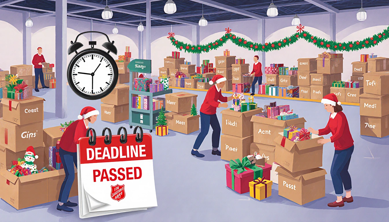 Salvation Army volunteers sorting gift boxes with warm Christmas lights and a clock showing Deadline Passed