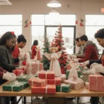 Volunteers sorting wrapped gifts with angel decorations and holiday lights in a warm community center