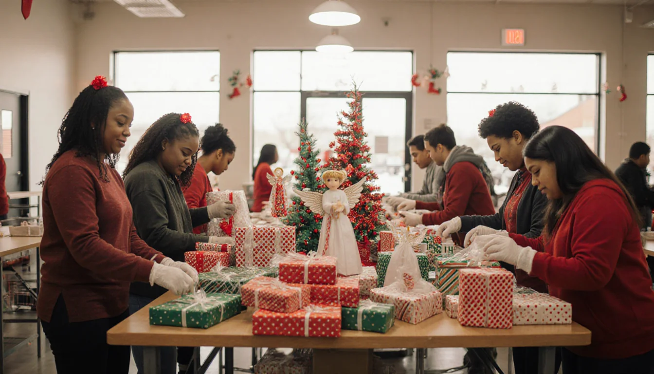 Volunteers sorting wrapped gifts with angel decorations and holiday lights in a warm community center
