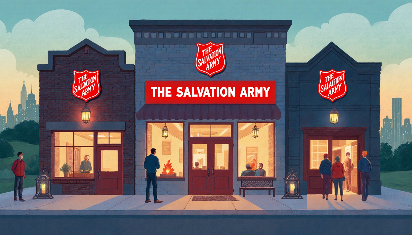 Three Salvation Army shelters welcoming visitors with red signs and warm lantern light