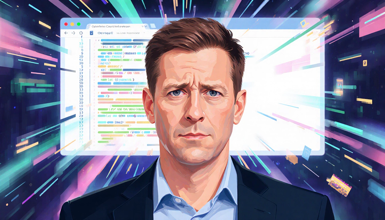 Sam Altman standing with glitchy digital screens showing AI code and distorted facial features