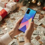 Excited person holds Samsung Galaxy S25 with blurred cash and savings and New Year lights background