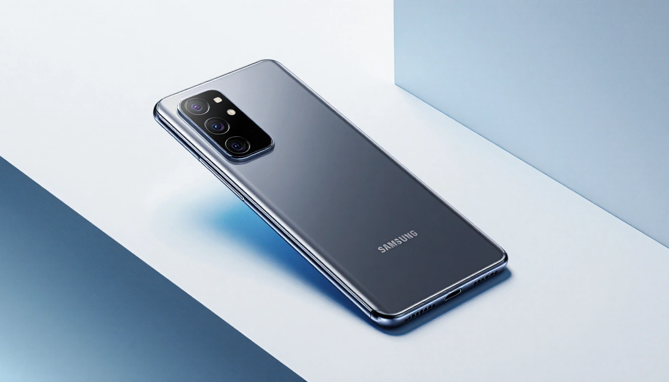 Samsung Galaxy S26 phone sitting on minimalist edge with subtle gradient background and Samsung blue accents showing dual 50-