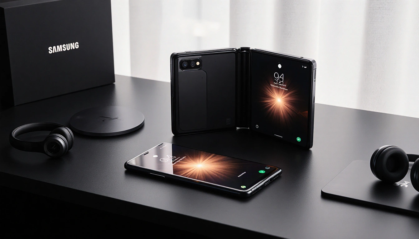 Samsung Galaxy Z Fold 6 unfurls with its display lighting and warm glow on a desk with wireless charging pad and headphones