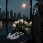 White flowers resting on a black police cruiser with a faint handprint beside a rain‑slick window reflecting San Diego skylin