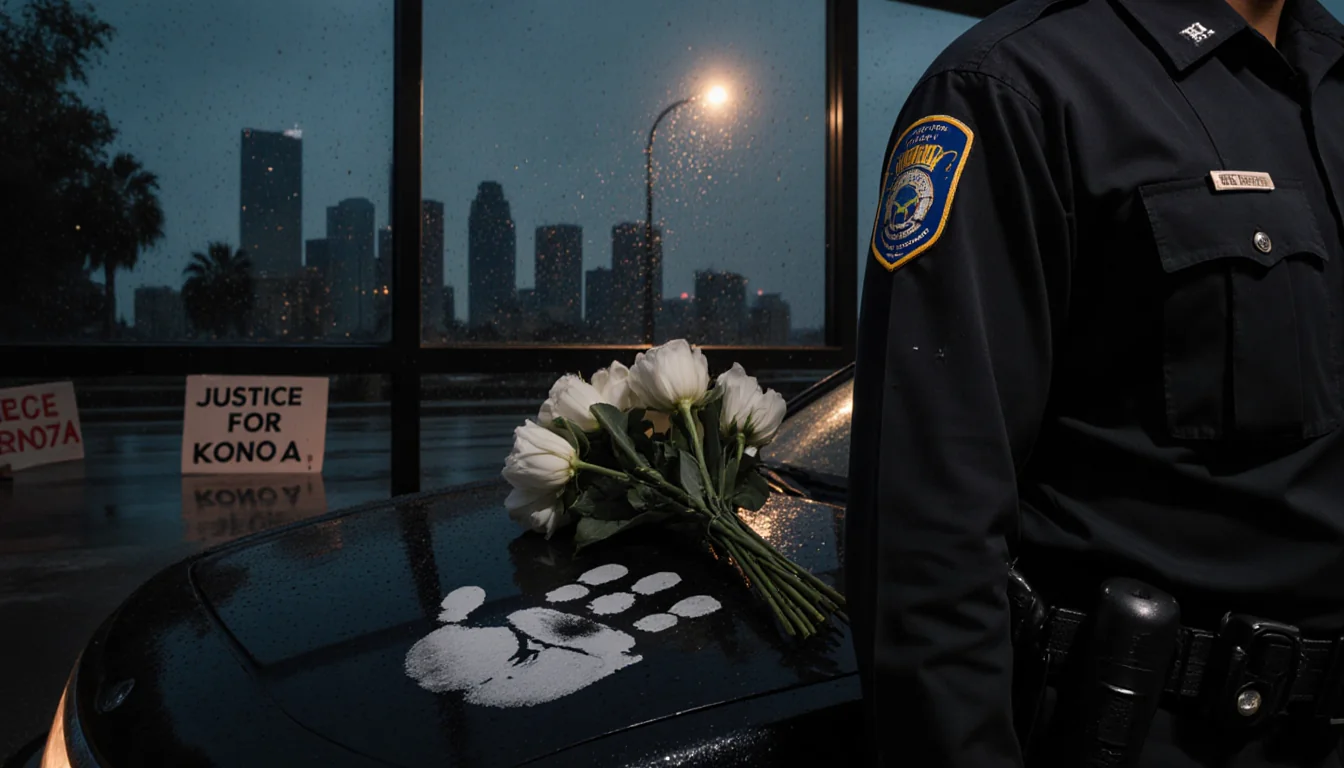 White flowers resting on a black police cruiser with a faint handprint beside a rain‑slick window reflecting San Diego skylin
