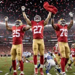 49ers players leap mid-air with raised arms and fluttering jerseys under bright stadium lights and exploding red confetti