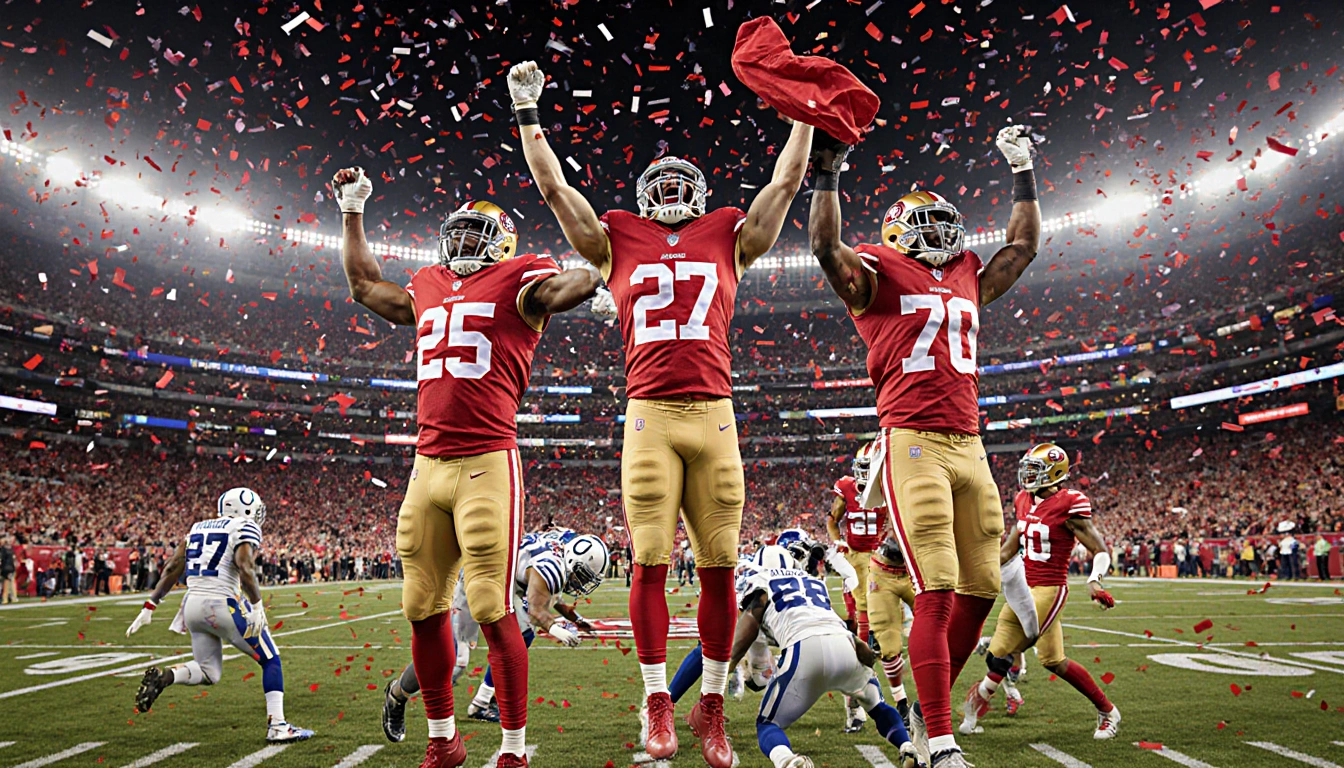 49ers players leap mid-air with raised arms and fluttering jerseys under bright stadium lights and exploding red confetti