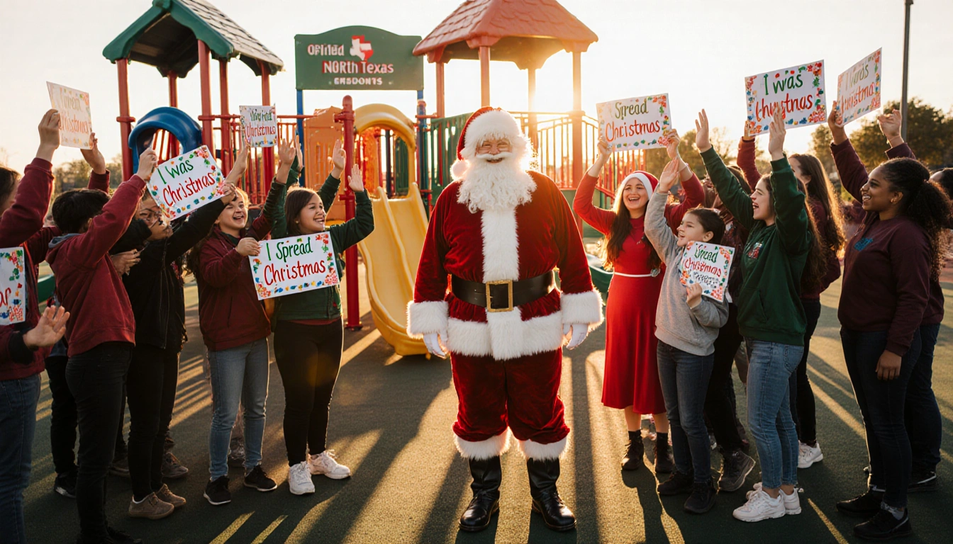 Santa Claus high‑fiving students with a sunset playground backdrop and festive holiday signs