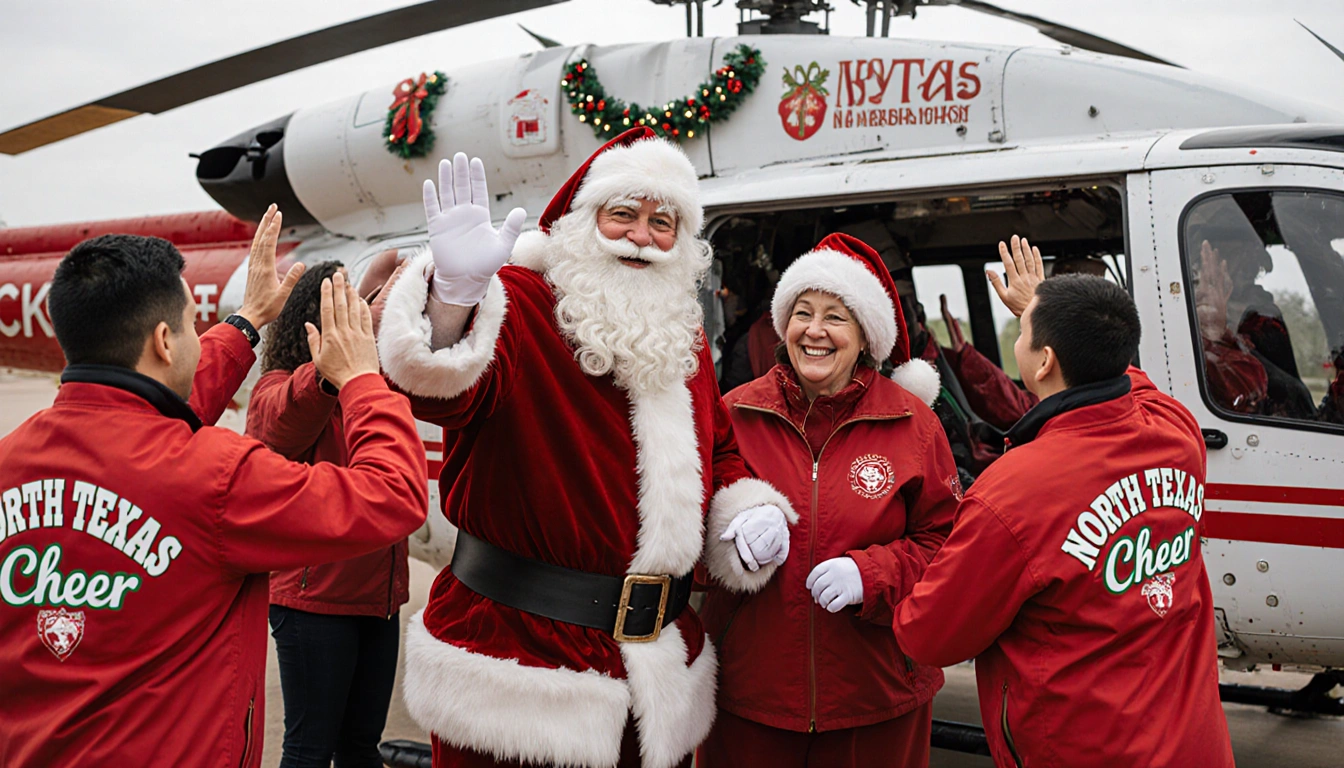 Santa Claus standing proudly beside volunteers with high-fives and hugs near a Bell helicopter