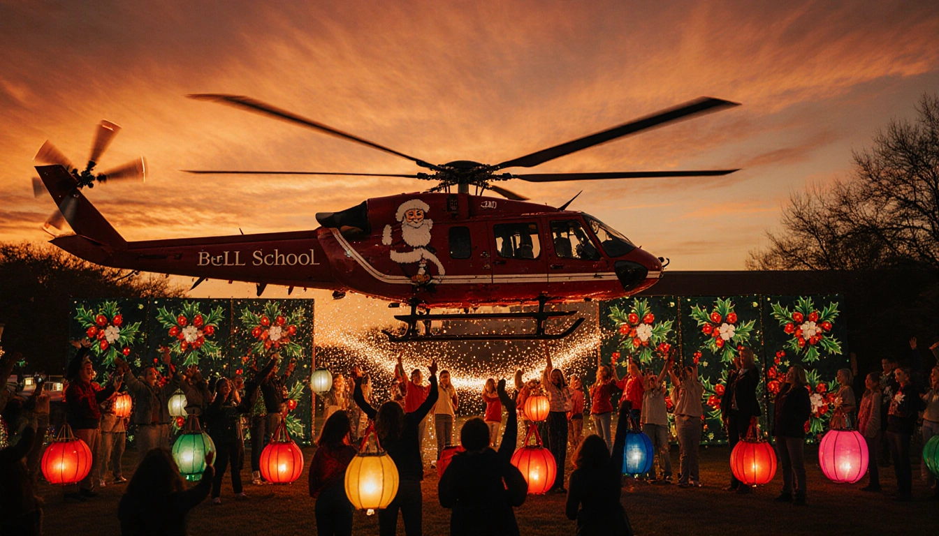 Santa helicopter touching down with holiday lights and cheering children near Hurst‑Euless‑Bedford school in orange dusk