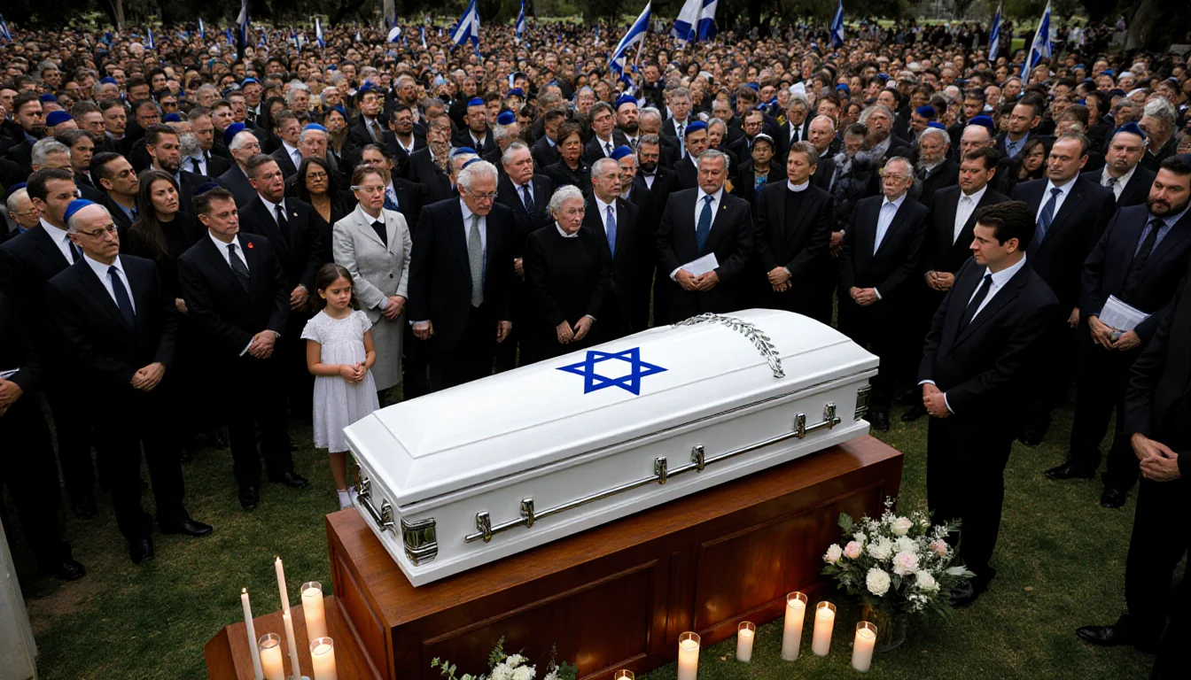 Casket with Star David rests on podium surrounded by candles as crowd featuring a 10‑year‑old girl and an 87‑year‑old Holocau