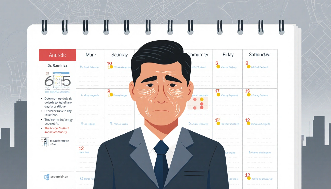 Dr. Ramirez standing before a calendar showing 65 days with cityscape background and anxious lines on face but determined.