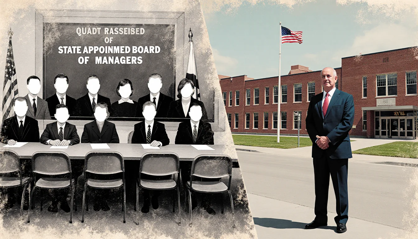 State-appointed board sits at a table with empty chairs while Dr Mark Ramirez superintendent stands before school building