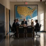 School board members sit at a wooden table with a large map behind them and empty chairs for two closed schools.