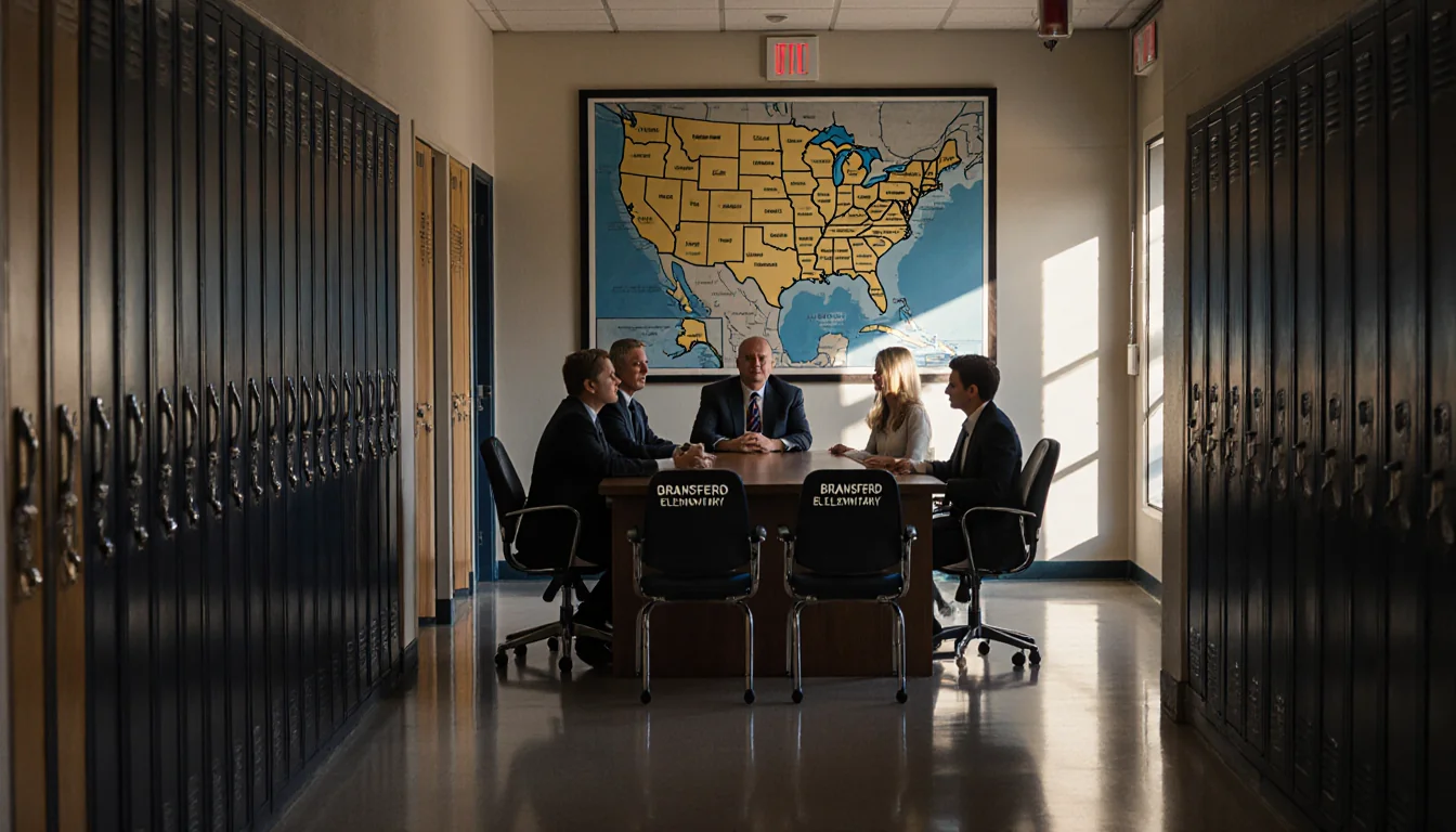 School board members sit at a wooden table with a large map behind them and empty chairs for two closed schools.