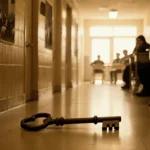 Students sit alone at desks with faded photographs on walls and a key on the floor in a nostalgic school hallway