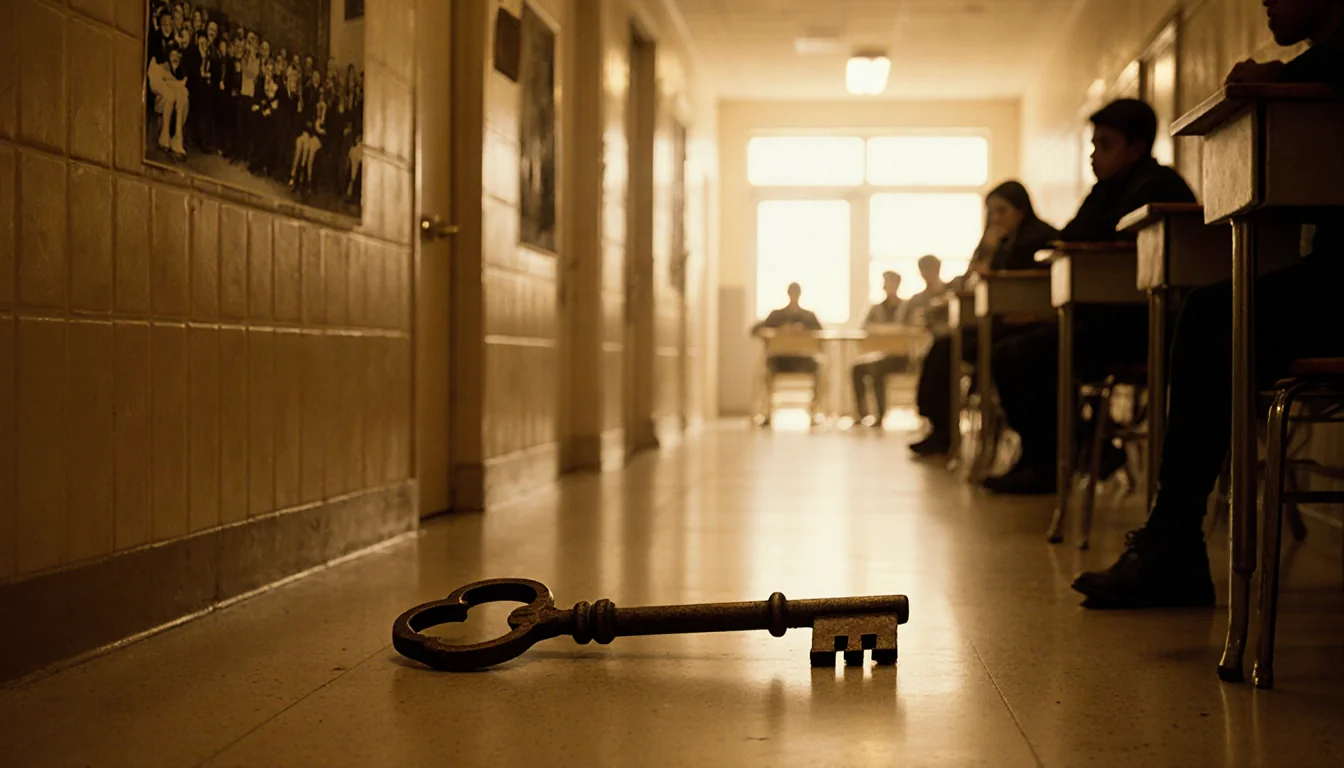 Students sit alone at desks with faded photographs on walls and a key on the floor in a nostalgic school hallway