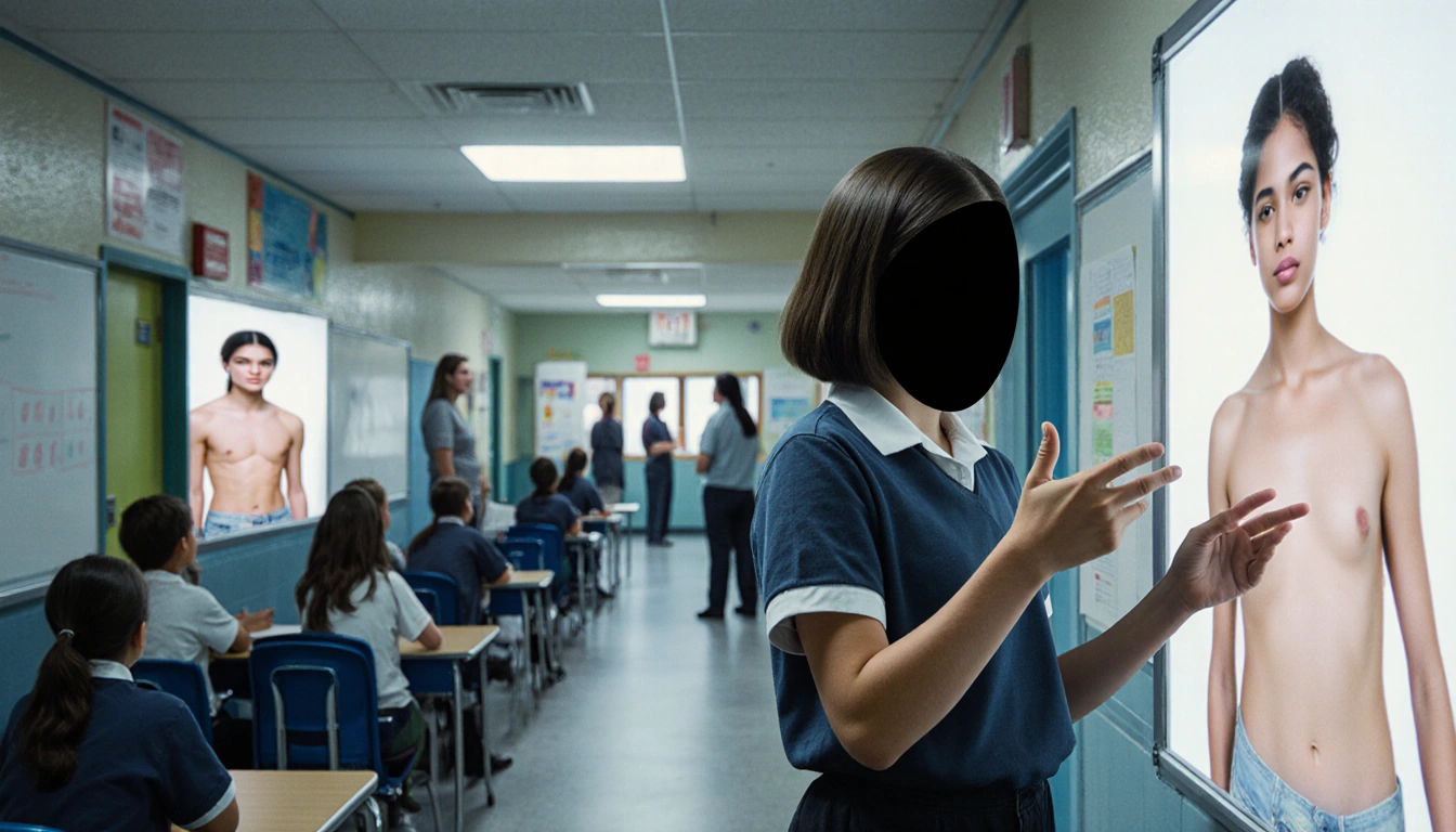 Middle school girl gesturing in front of a chalkboard with an AI-generated figure and faint nude images on screens behind her