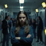 Teen girl standing with crossed arms in hallway and glowing phone screens showing disturbing images