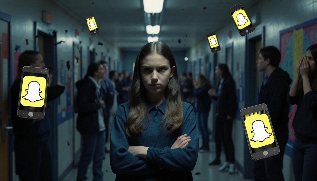 Teen girl standing with crossed arms in hallway and glowing phone screens showing disturbing images